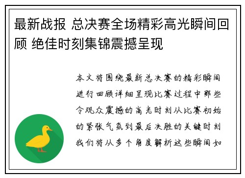 最新战报 总决赛全场精彩高光瞬间回顾 绝佳时刻集锦震撼呈现
