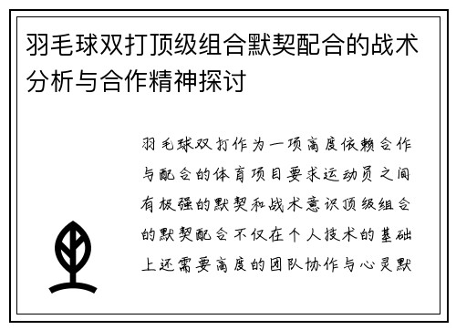 羽毛球双打顶级组合默契配合的战术分析与合作精神探讨 羽毛球双打顶级组合默契配合的战术分析与合作精神探讨